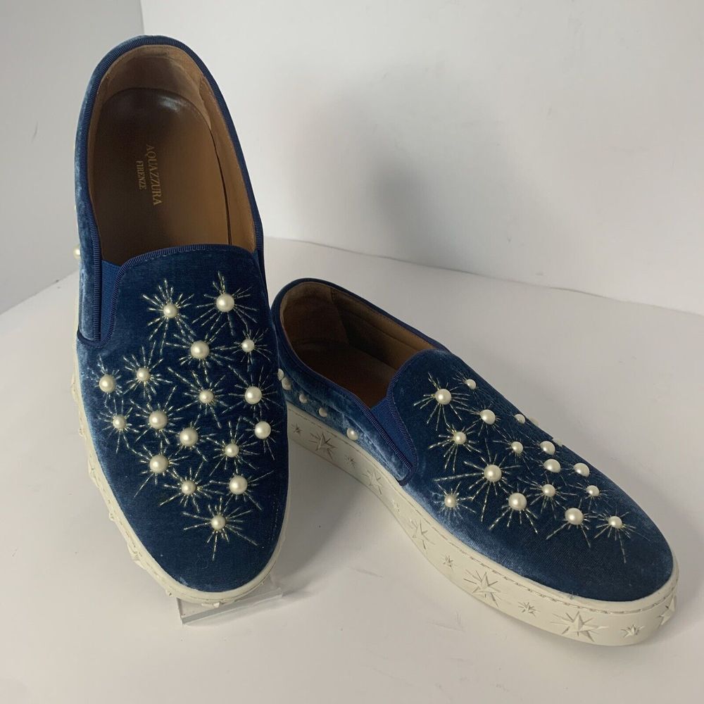 New $890 MSRP Aquazzura Ocean Blue Cosmic Pearls Slip-on Sneakers Sandals US 9.5